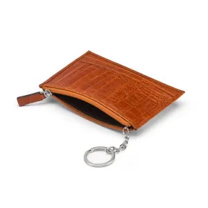 Flat Leather Credit Card Jotter With Zip - Orange Croc-Effect