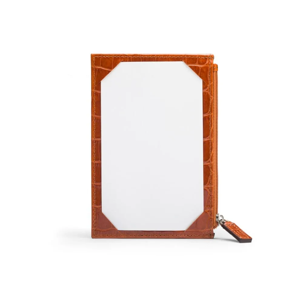 Flat Leather Credit Card Jotter With Zip - Orange Croc-Effect