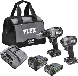 FLEX 24V Brushless Cordless 2-Tool Combo Kit: 1/2-Inch Drill Driver with Turbo Mode and 1/4-Inch Quick Eject Hex Impact Driver with 2.5Ah, 5.0Ah Lithium Batteries and 160W Fast Charger - FXM204-2B