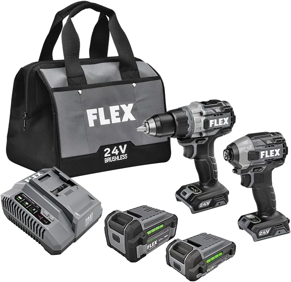 FLEX 24V Brushless Cordless 2-Tool Combo Kit: 1/2-Inch Drill Driver with Turbo Mode and 1/4-Inch Quick Eject Hex Impact Driver with 2.5Ah, 5.0Ah Lithium Batteries and 160W Fast Charger - FXM204-2B