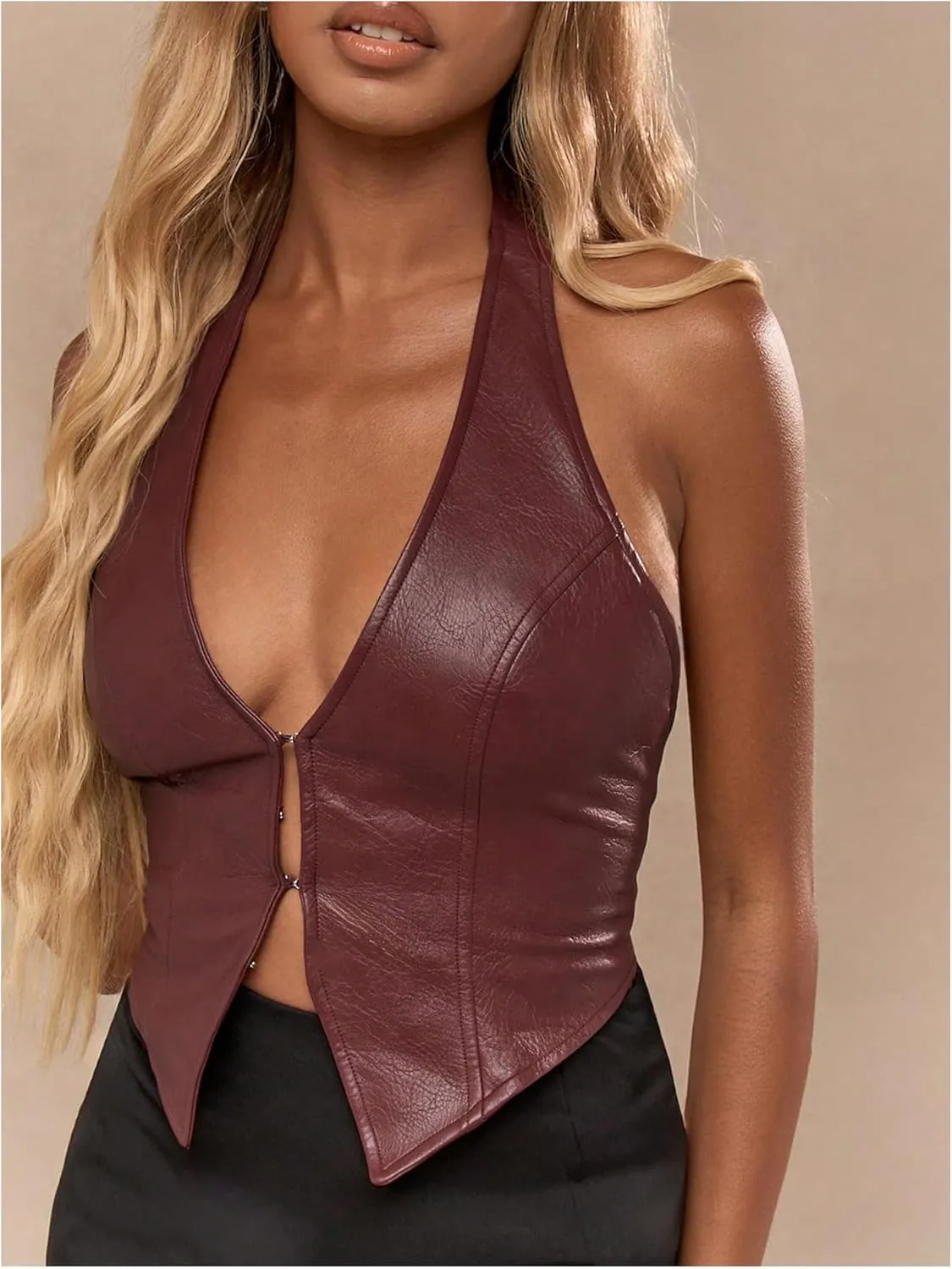 Floerns Women's Grunge Sleeveless Halter Tops Leather Backless Music Festival Tank Top