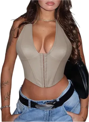Floerns Women's Y2K PU Leather Halter Neck Hook Eye Backless Asymmetrical Party Crop Tank Top