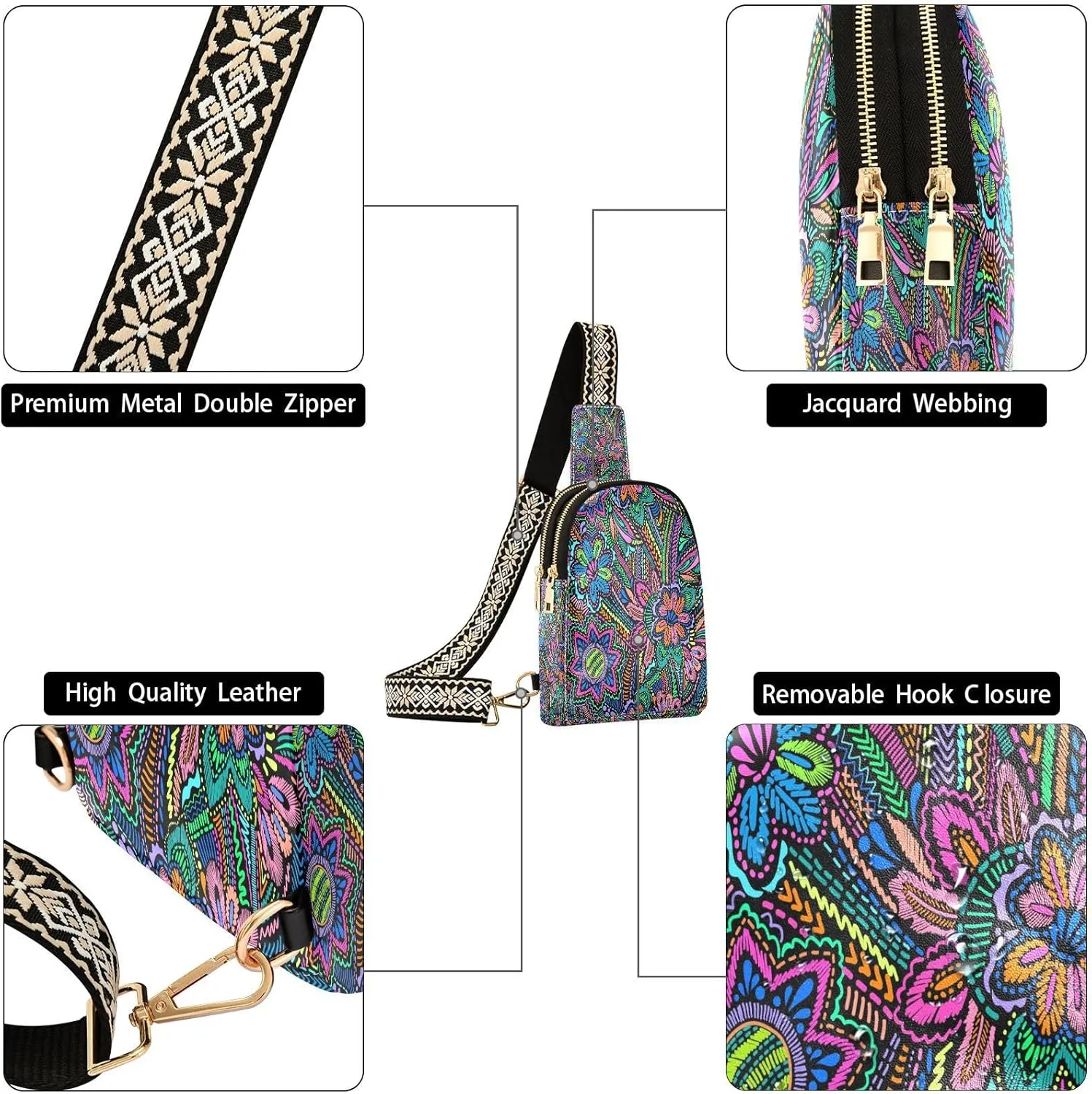 Floral Embroidery Fashion Leather Crossbody Bag for Women Ethnic Vintage Trendy Crossbody Purse Fanny Pack with Adjustable Strap