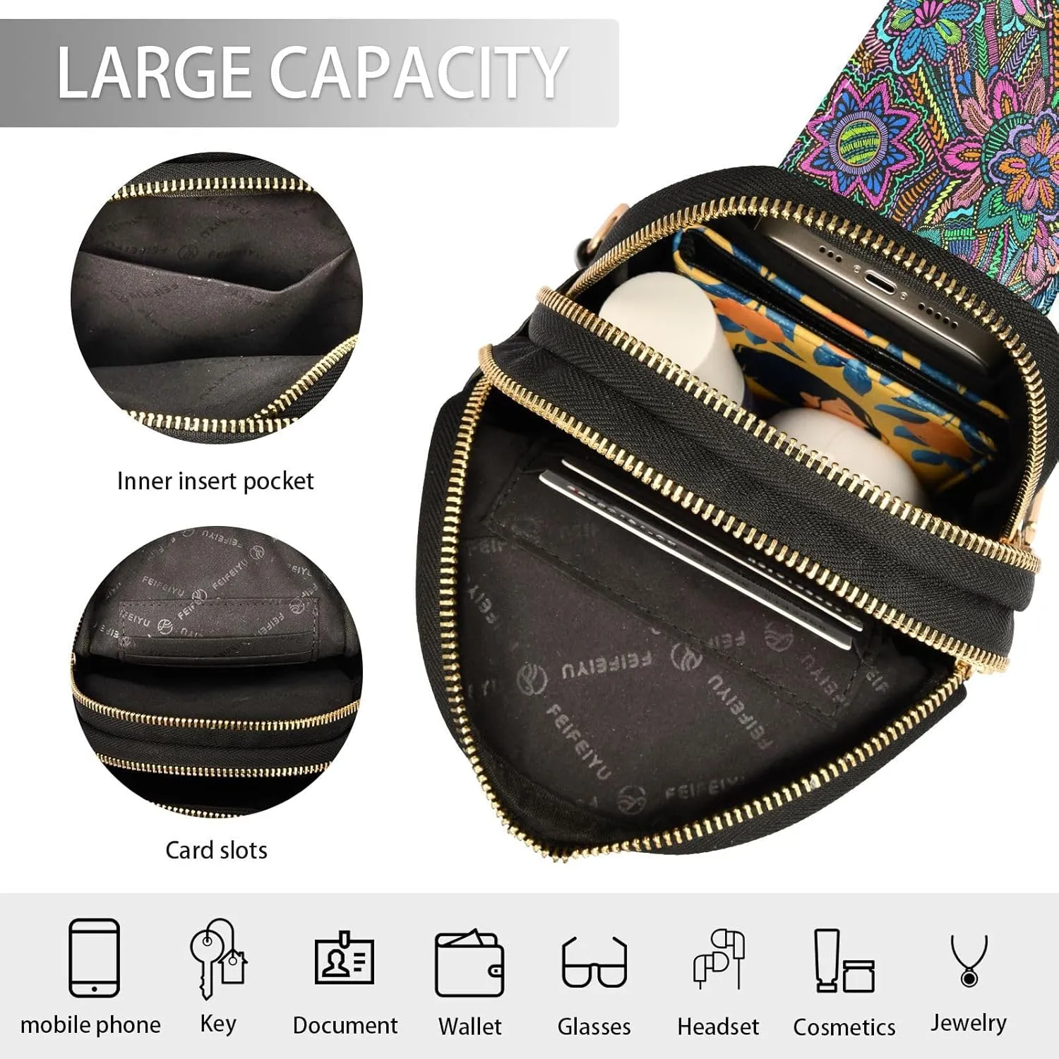 Floral Embroidery Fashion Leather Crossbody Bag for Women Ethnic Vintage Trendy Crossbody Purse Fanny Pack with Adjustable Strap