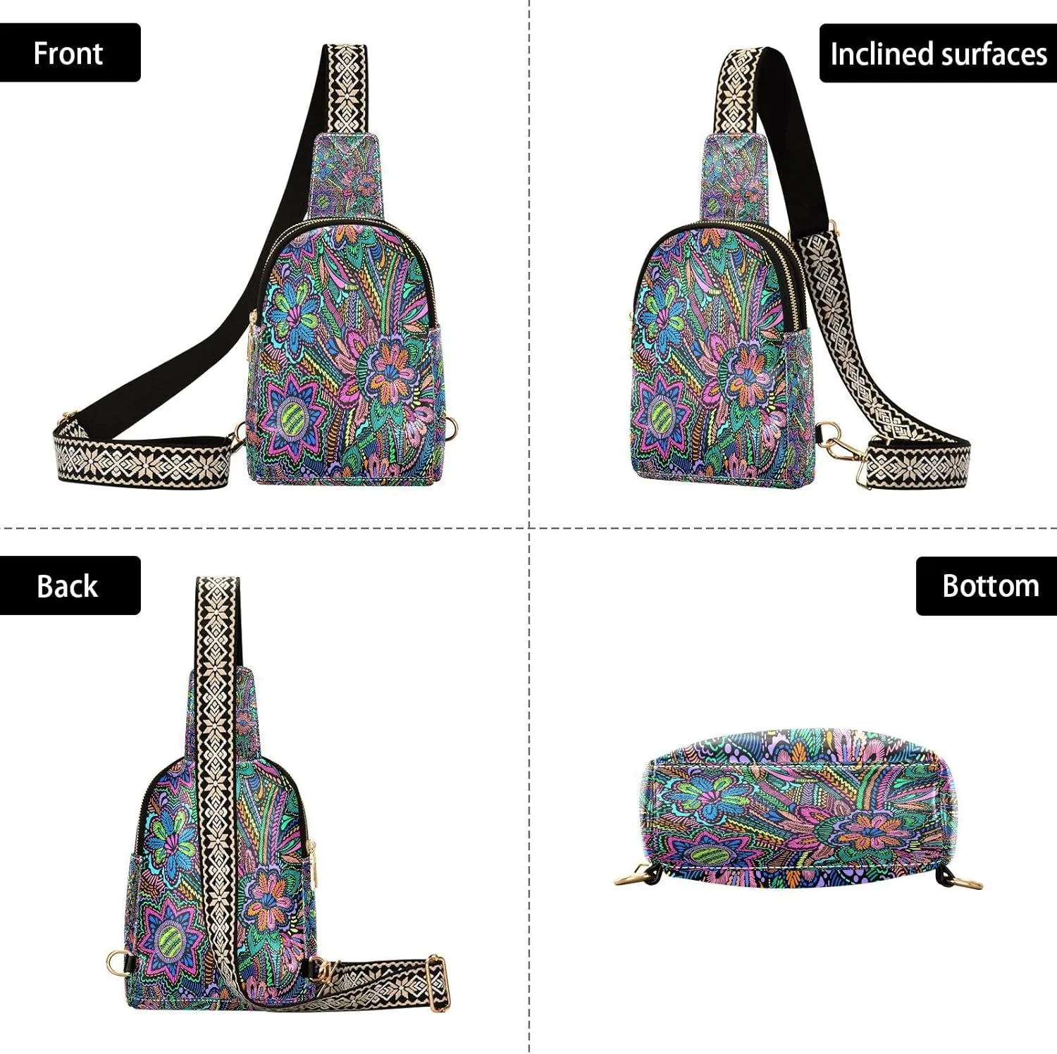 Floral Embroidery Fashion Leather Crossbody Bag for Women Ethnic Vintage Trendy Crossbody Purse Fanny Pack with Adjustable Strap