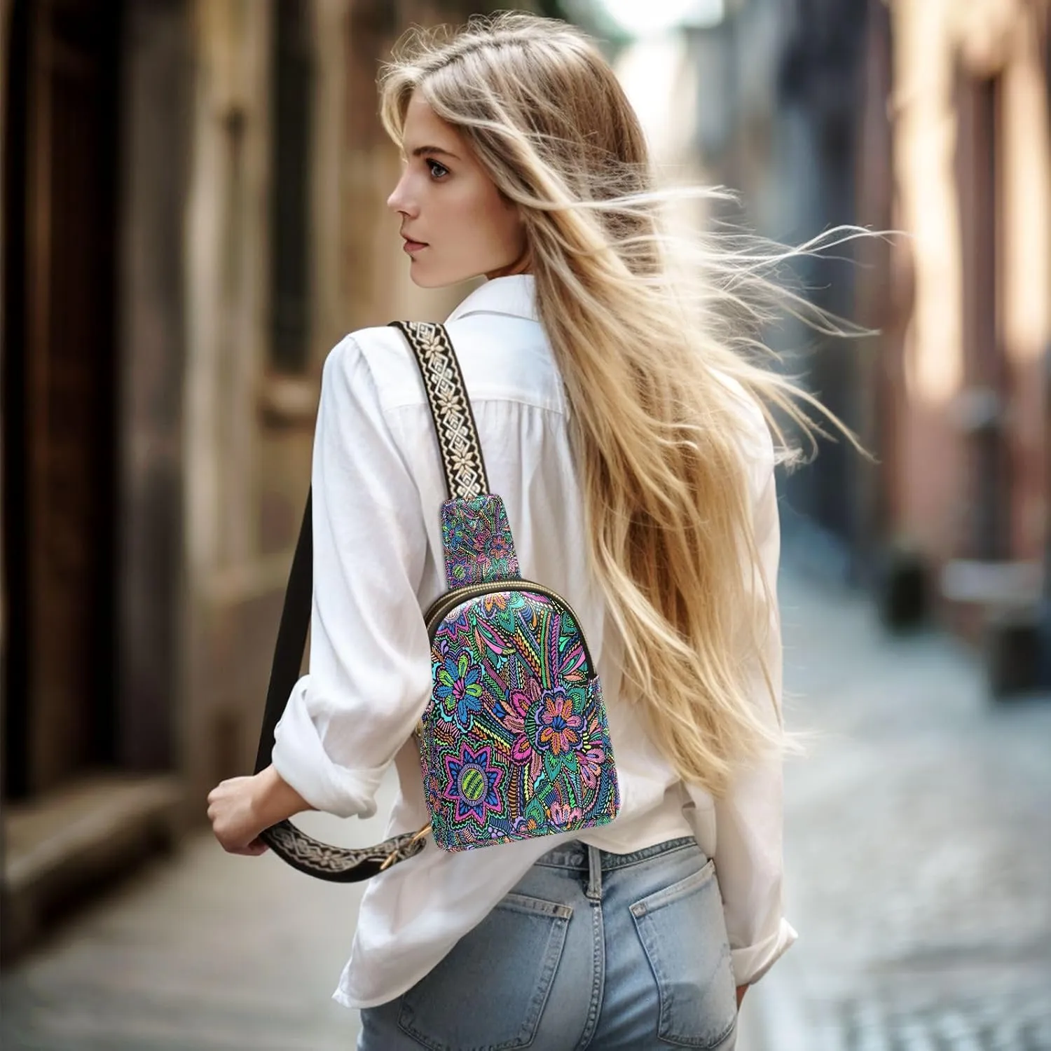 Floral Embroidery Fashion Leather Crossbody Bag for Women Ethnic Vintage Trendy Crossbody Purse Fanny Pack with Adjustable Strap