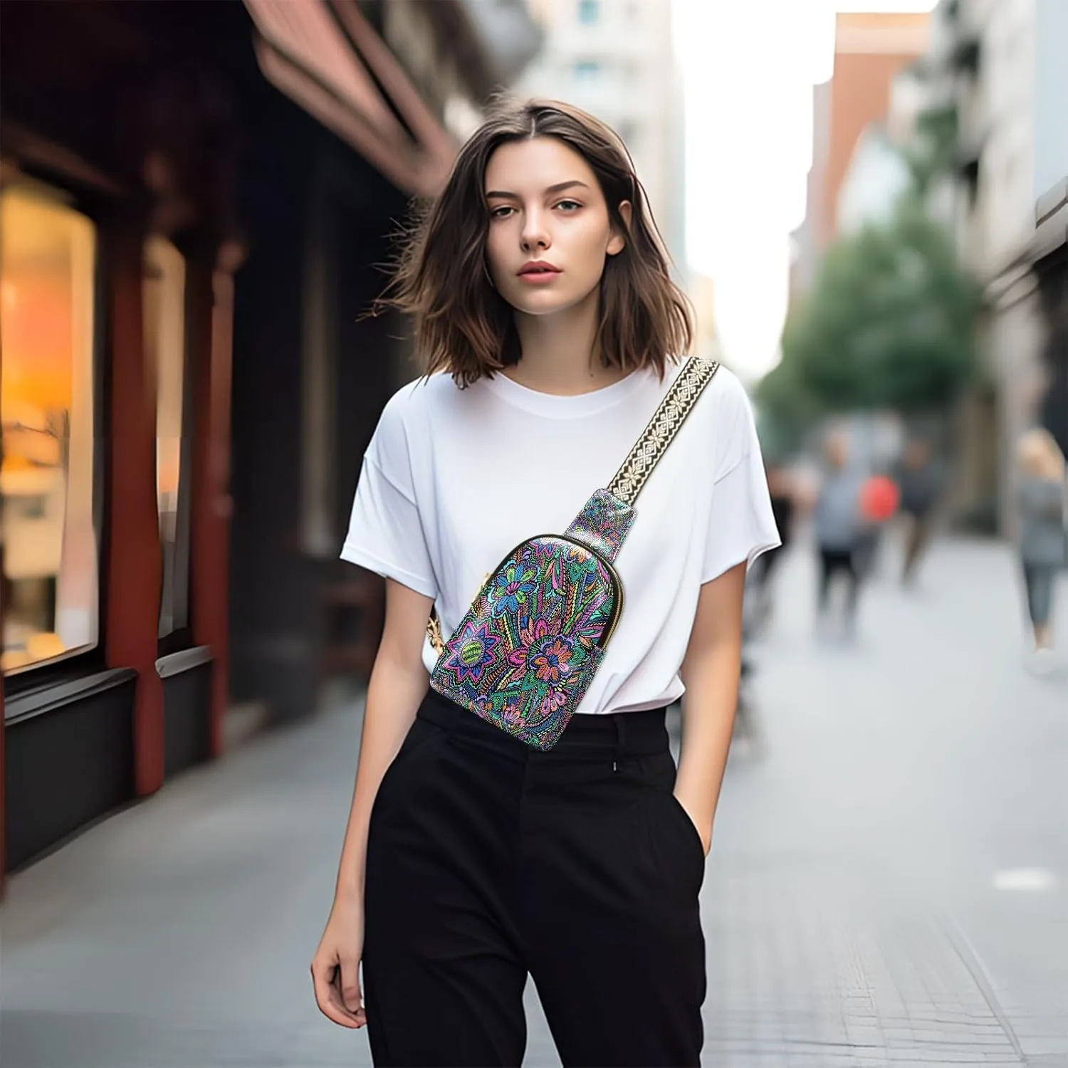Floral Embroidery Fashion Leather Crossbody Bag for Women Ethnic Vintage Trendy Crossbody Purse Fanny Pack with Adjustable Strap