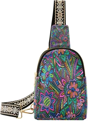Floral Embroidery Fashion Leather Crossbody Bag for Women Ethnic Vintage Trendy Crossbody Purse Fanny Pack with Adjustable Strap