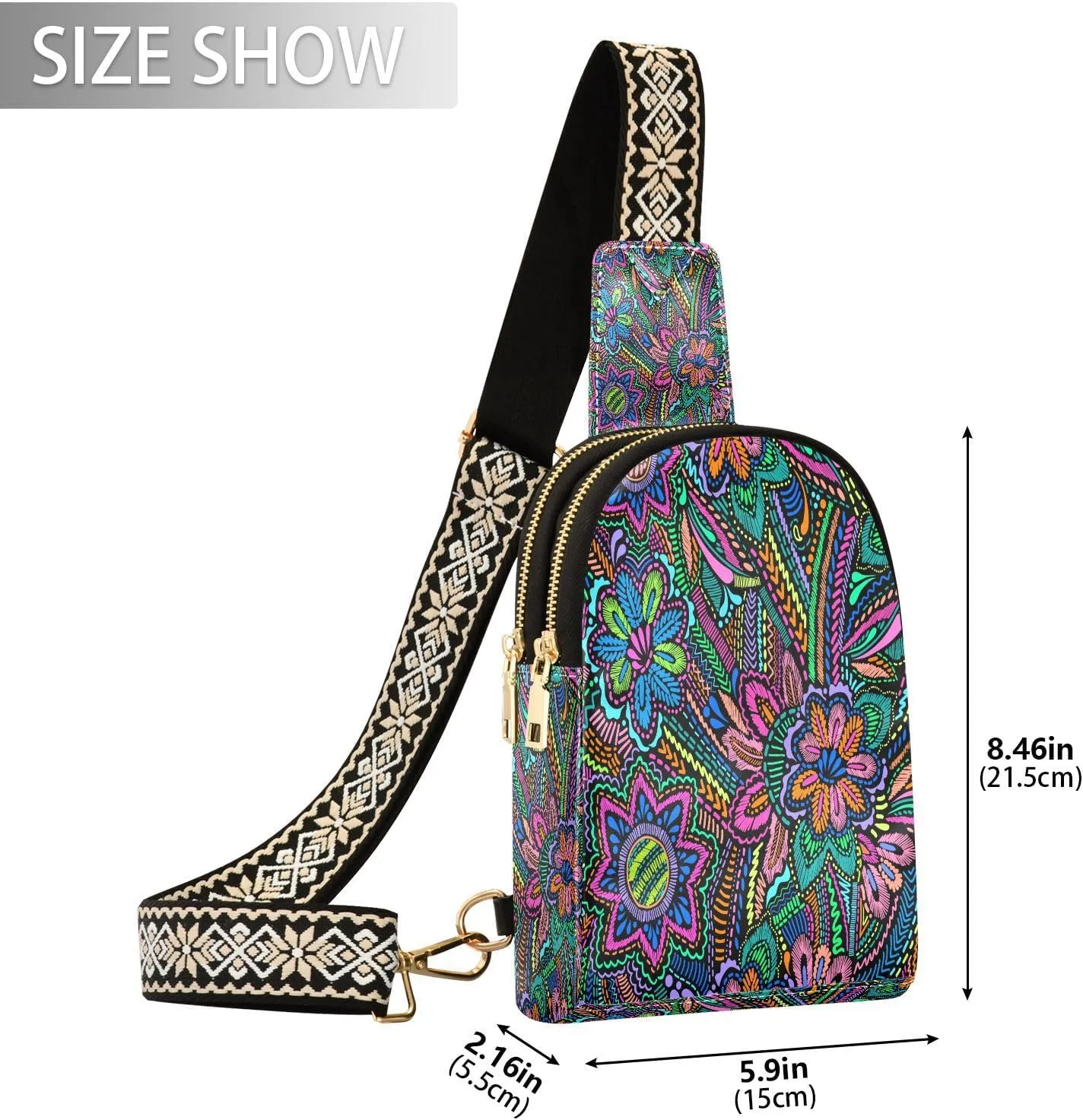Floral Embroidery Fashion Leather Crossbody Bag for Women Ethnic Vintage Trendy Crossbody Purse Fanny Pack with Adjustable Strap