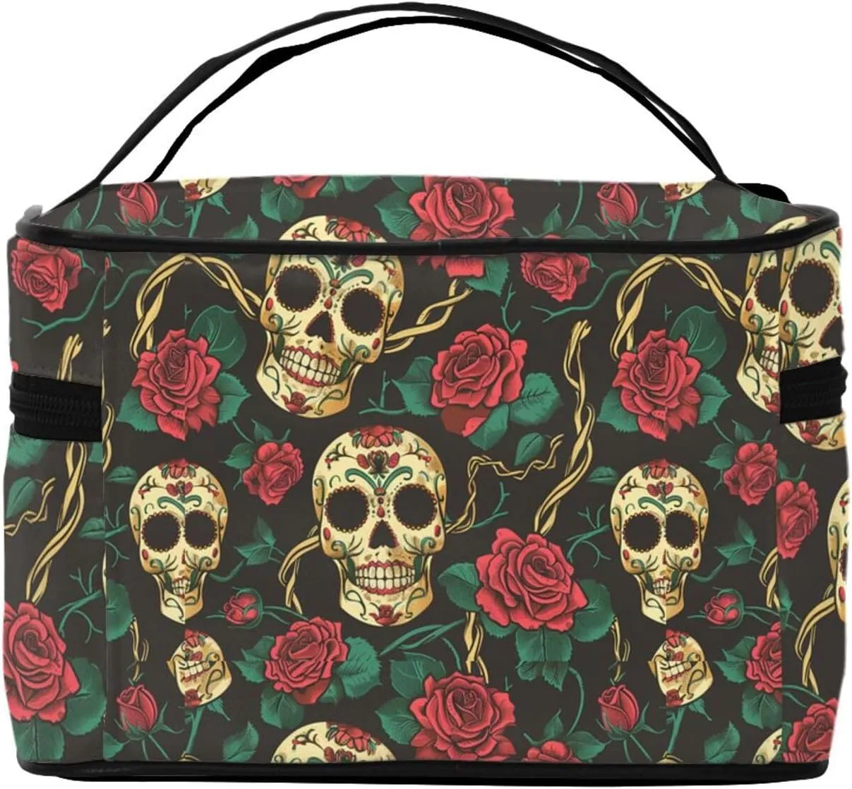 Floral Skull Rose Makeup Bag for Women Travel Cosmetic Bag Large Makeup Case Portable Toiletry Skincare Organizer Bag