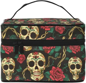 Floral Skull Rose Makeup Bag for Women Travel Cosmetic Bag Large Makeup Case Portable Toiletry Skincare Organizer Bag
