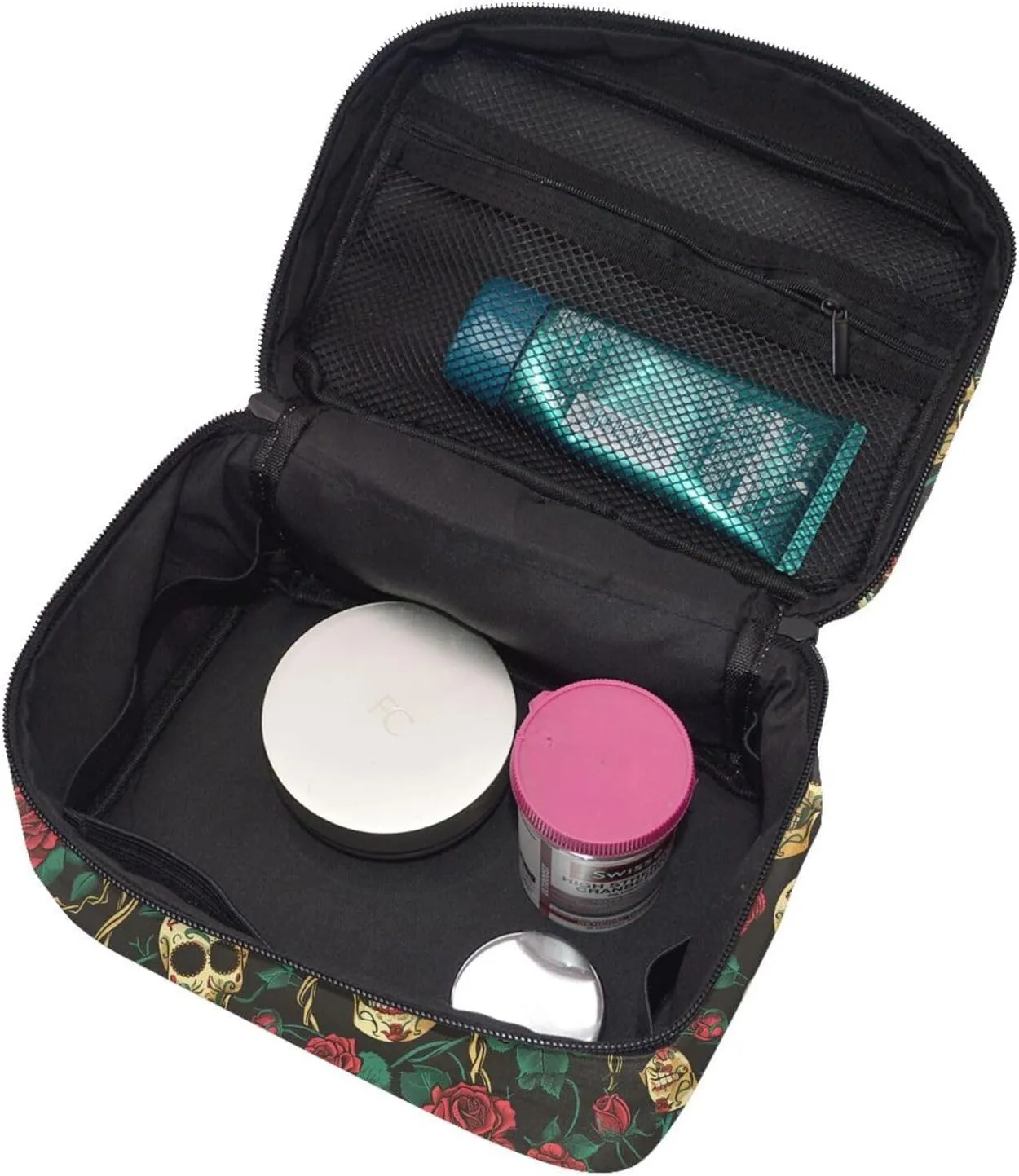 Floral Skull Rose Makeup Bag for Women Travel Cosmetic Bag Large Makeup Case Portable Toiletry Skincare Organizer Bag