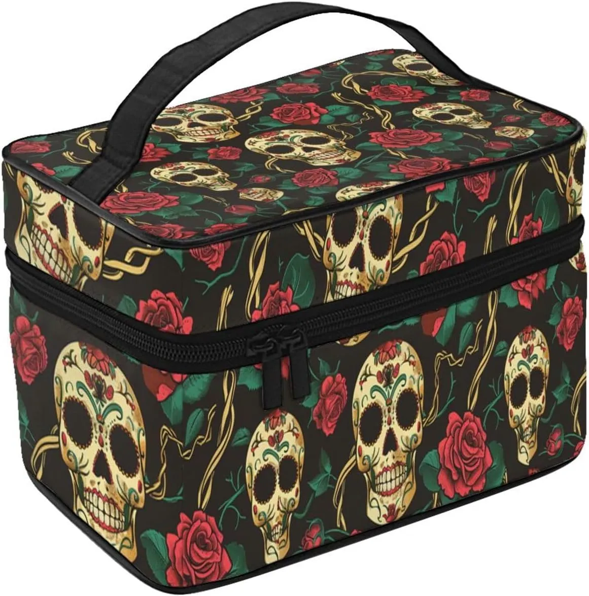 Floral Skull Rose Makeup Bag for Women Travel Cosmetic Bag Large Makeup Case Portable Toiletry Skincare Organizer Bag