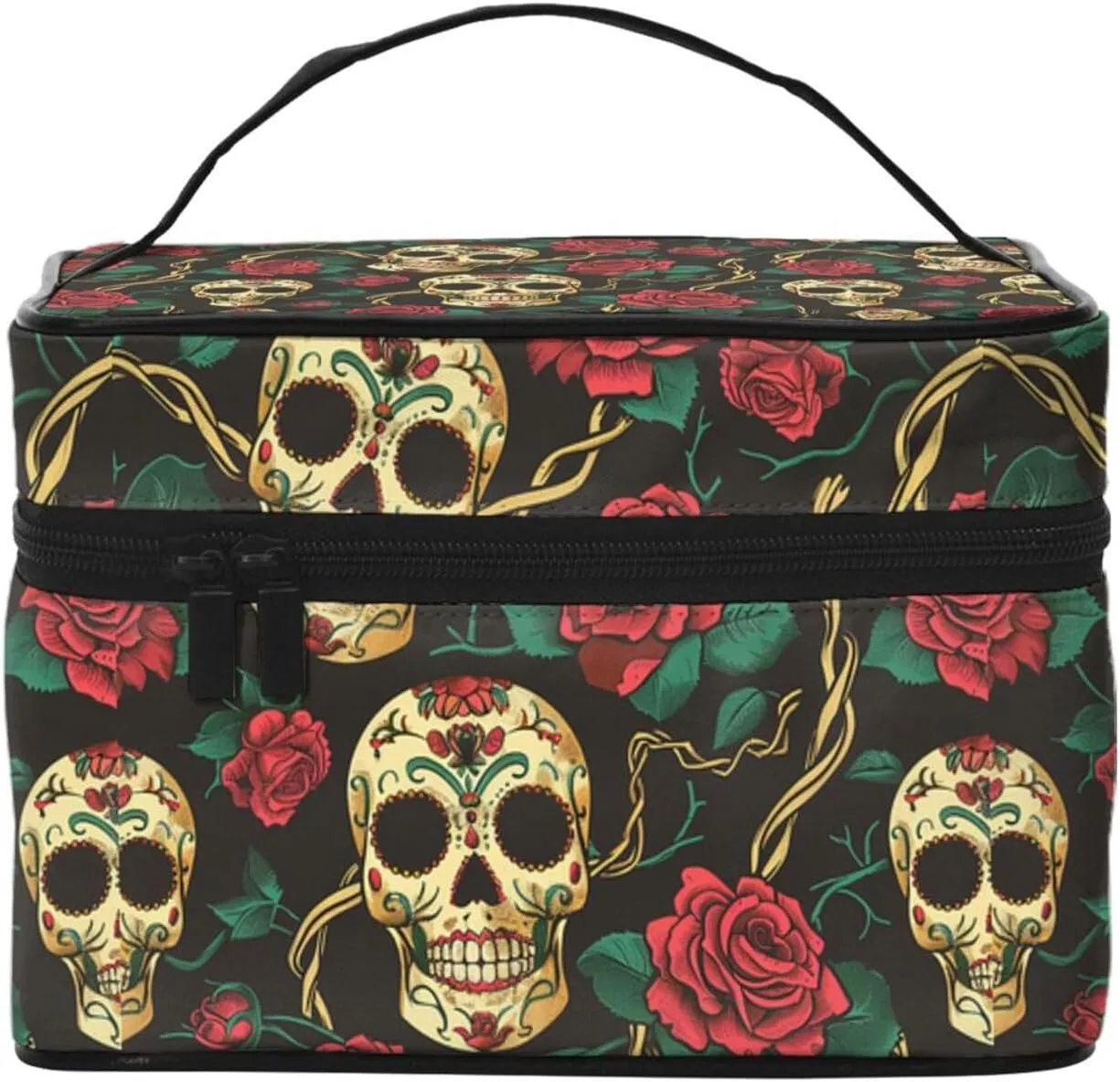 Floral Skull Rose Makeup Bag for Women Travel Cosmetic Bag Large Makeup Case Portable Toiletry Skincare Organizer Bag