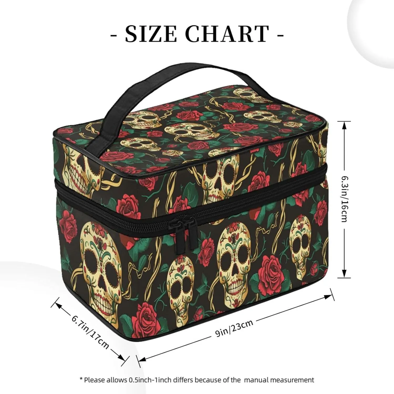 Floral Skull Rose Makeup Bag for Women Travel Cosmetic Bag Large Makeup Case Portable Toiletry Skincare Organizer Bag