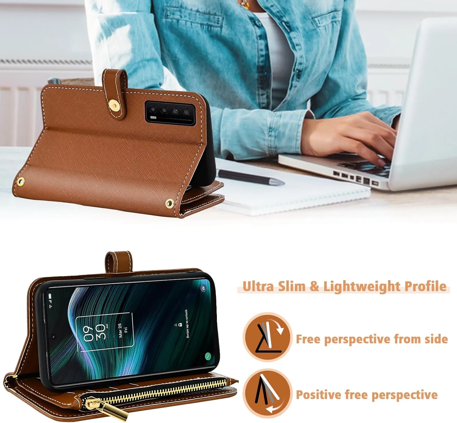 Floral Wallet Case for TCL Stylus 5G 2022 with Wrist Strap Shoulder Strap Flip Zipper Purse, Luxury PU Leather Credit Card Holder Stand Cell Phone Cover for TLC Stylo G5 6.81 T779W Women Brown