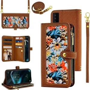 Floral Wallet Case for TCL Stylus 5G 2022 with Wrist Strap Shoulder Strap Flip Zipper Purse, Luxury PU Leather Credit Card Holder Stand Cell Phone Cover for TLC Stylo G5 6.81 T779W Women Brown