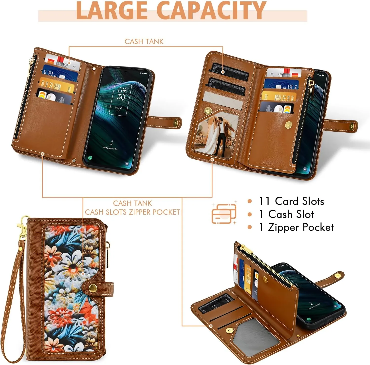 Floral Wallet Case for TCL Stylus 5G 2022 with Wrist Strap Shoulder Strap Flip Zipper Purse, Luxury PU Leather Credit Card Holder Stand Cell Phone Cover for TLC Stylo G5 6.81 T779W Women Brown