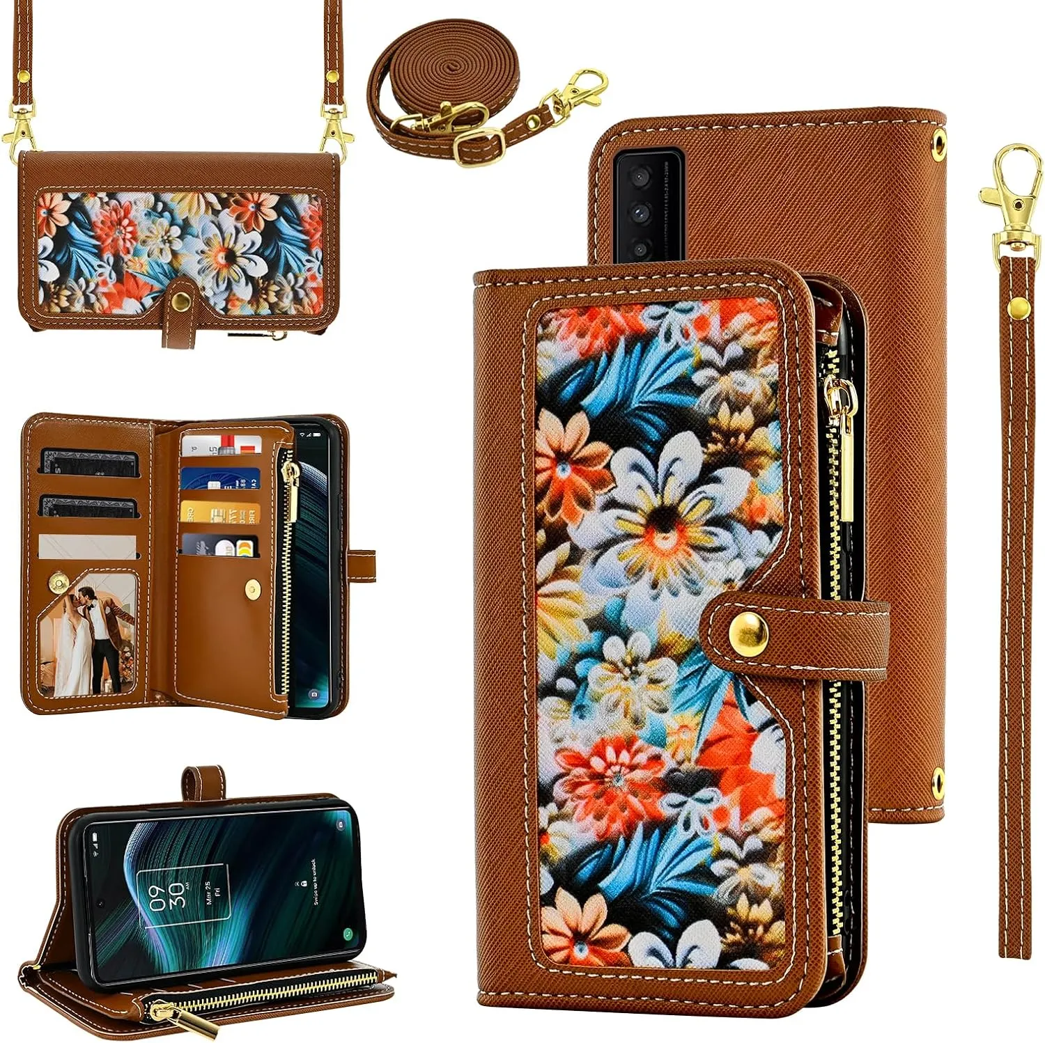 Floral Wallet Case for TCL Stylus 5G 2022 with Wrist Strap Shoulder Strap Flip Zipper Purse, Luxury PU Leather Credit Card Holder Stand Cell Phone Cover for TLC Stylo G5 6.81 T779W Women Brown