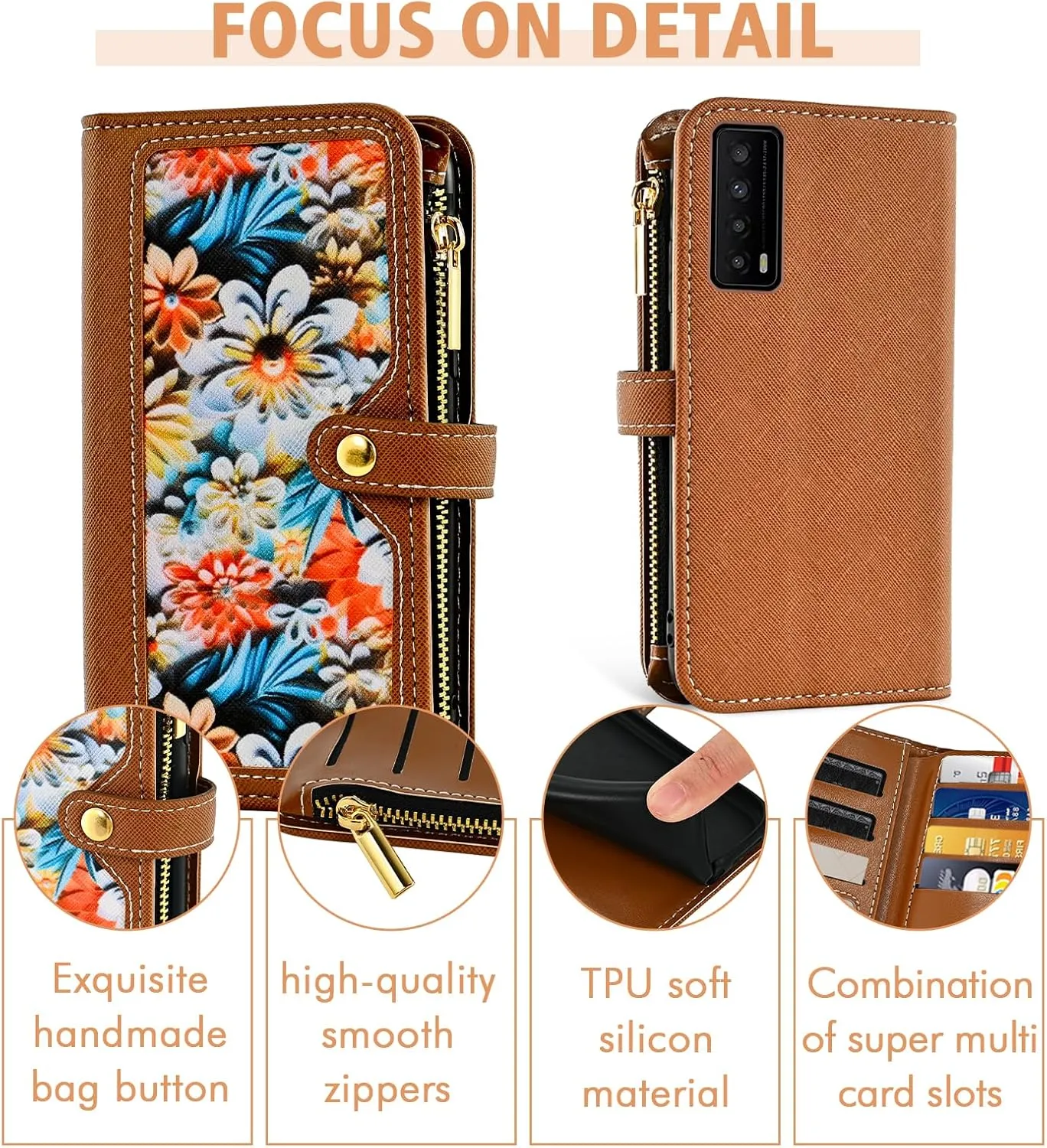 Floral Wallet Case for TCL Stylus 5G 2022 with Wrist Strap Shoulder Strap Flip Zipper Purse, Luxury PU Leather Credit Card Holder Stand Cell Phone Cover for TLC Stylo G5 6.81 T779W Women Brown