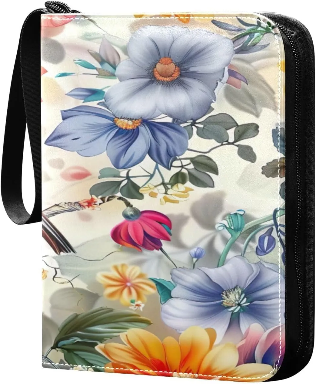 Flower with Colorful Birds Card Binder 4-Pocket, 400 Pockets PU Waterproof Zippered Collector Card Album with 50 Removable Sleeves for Trading, Game Cards