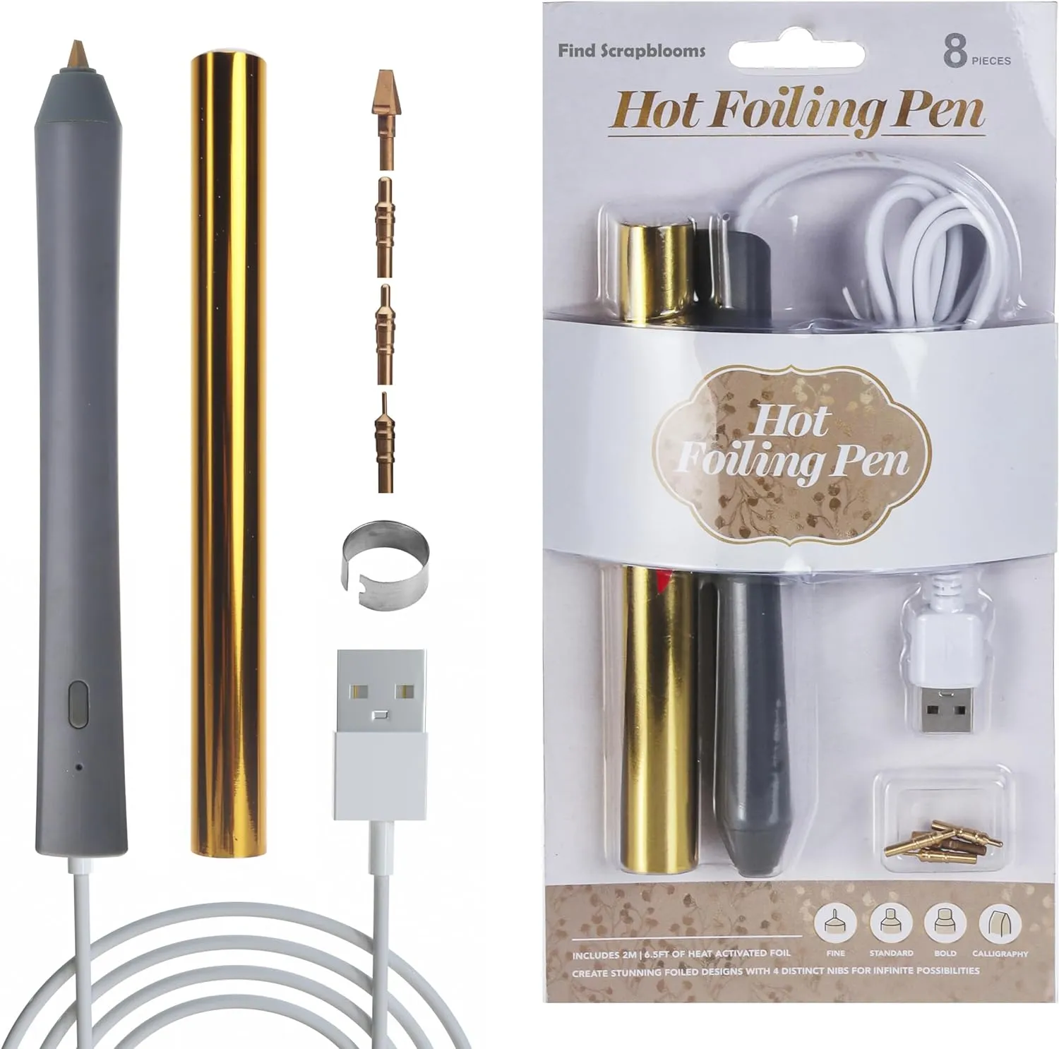 Foil Quill Pen Kit with 4 Size Metal Tips &1pc Gold Heat Activated Foil Rolls, Hot Foiling Pen for Card Making Scrapbooking Tools,Drawing Pen USB Powered Foil Quill Starter Kit (Grey)