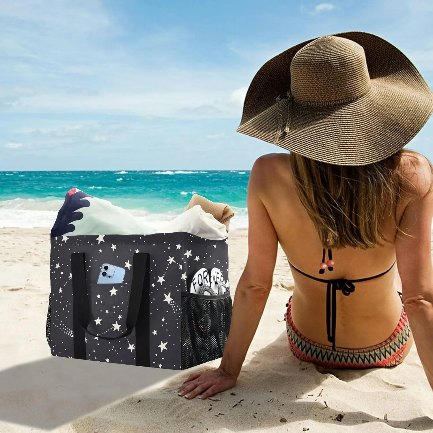 Foldable Grocery Reusable Tote Grocery Bag, Travel Canvas Shoulder Bags, Large Casual Laundry Pool Beach Bag