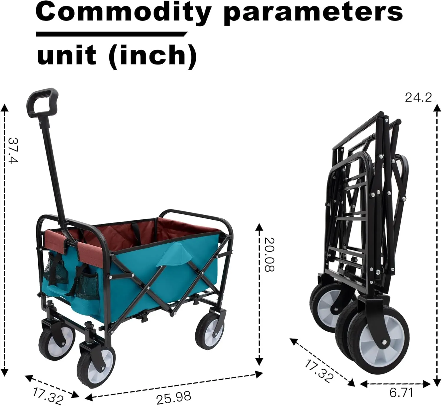 Foldable Utility Cart with Strap System, Garden Cart with 6'' Wheels, Collapsible Wagon with 2 Cup Holders and 3pcs Plastic Liner Bag/Cover, Grocery Cart for Beach Picnics(Blue)