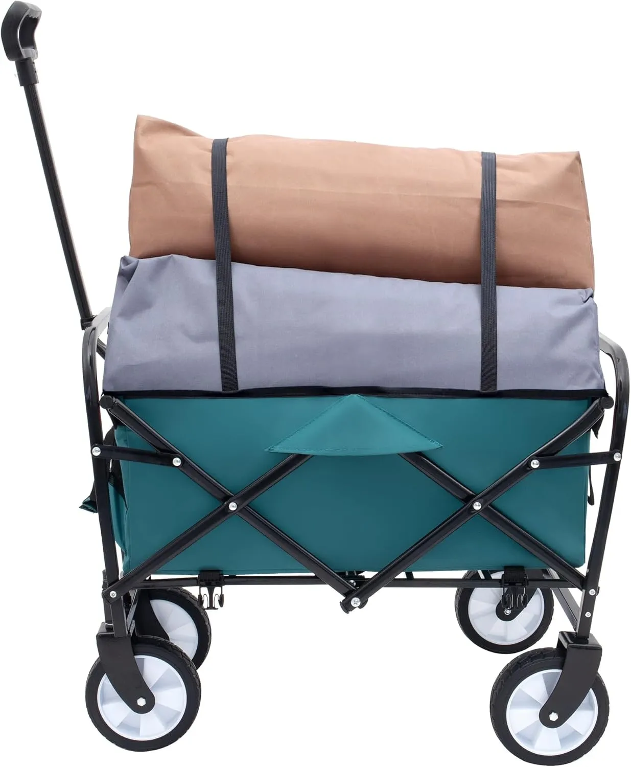 Foldable Utility Cart with Strap System, Garden Cart with 6'' Wheels, Collapsible Wagon with 2 Cup Holders and 3pcs Plastic Liner Bag/Cover, Grocery Cart for Beach Picnics(Blue)