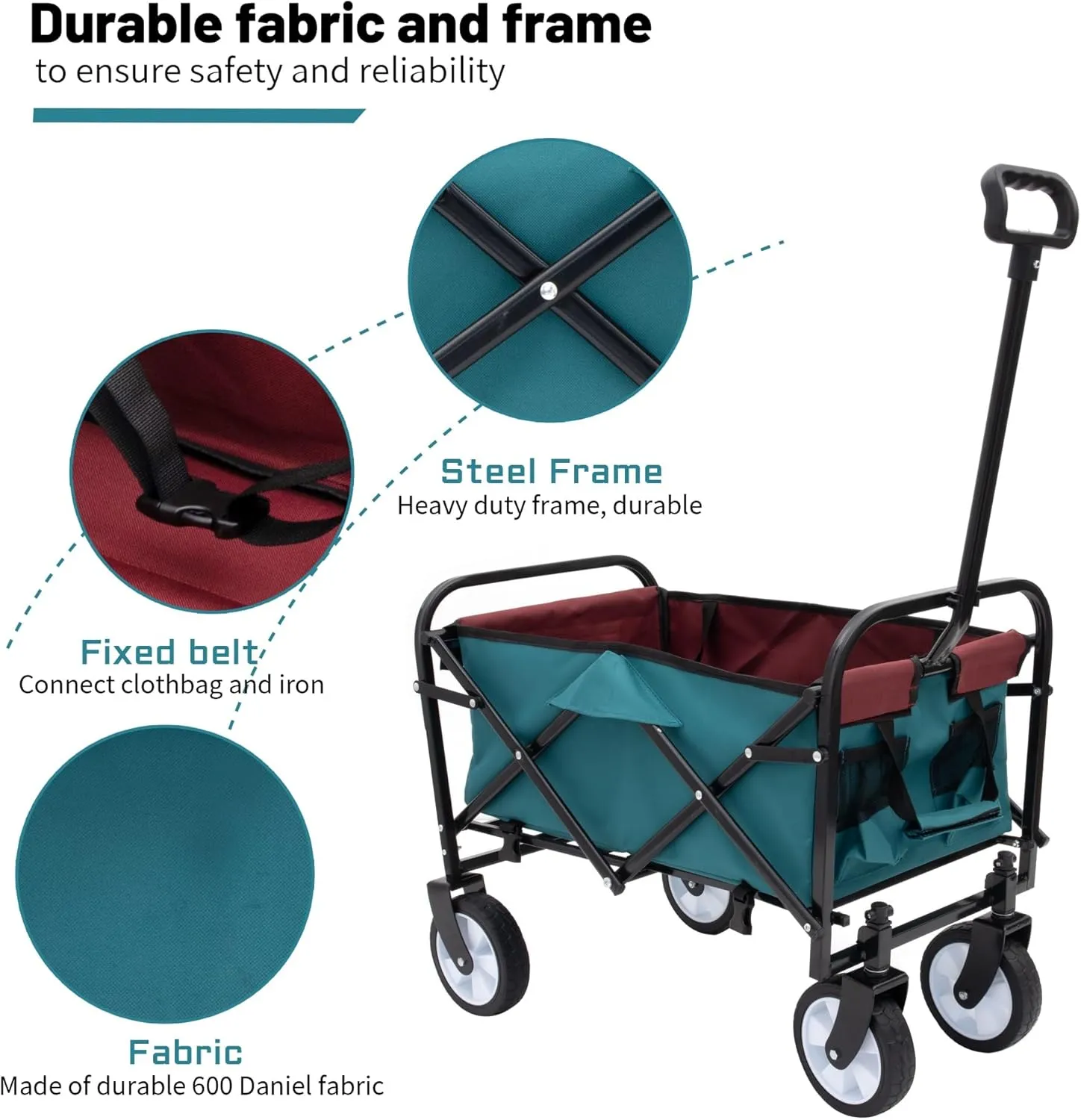 Foldable Utility Cart with Strap System, Garden Cart with 6'' Wheels, Collapsible Wagon with 2 Cup Holders and 3pcs Plastic Liner Bag/Cover, Grocery Cart for Beach Picnics(Blue)
