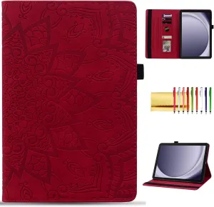 Folio Case for Samsung Galaxy Tab A9  11" 2023 SM-X210/X216/X218, Techcircle Mandala Embossed PU Leather Stand Soft TPU Back Cover Slim Elastic Band Protective Case w/Card Slots Pen Holder, Red