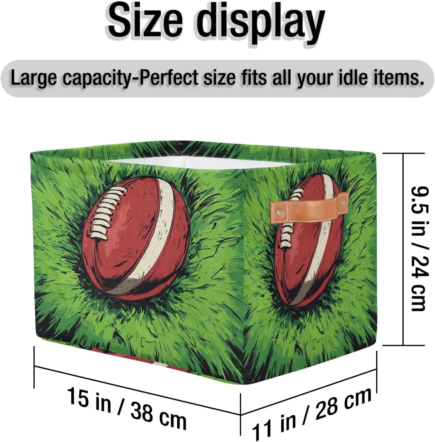 Football Rugby Storage Baskets Green Grassland Collapsible Storage Bins Closet Organizers Basket Clothes Shelves Boxes for Living Room Bedroom Organizing Blankets Toy Books