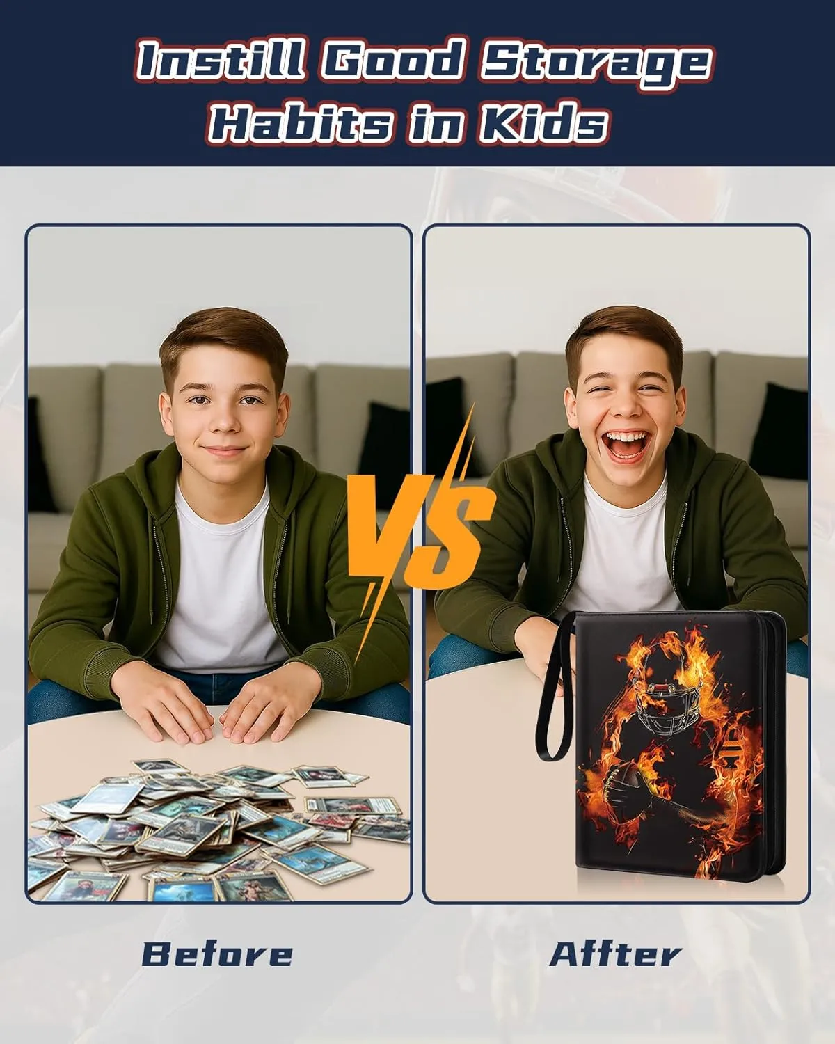 for 9 Pocket Trading Card Binder for 900 Cards - Large Capacity Card Collection Album Folder Double Sided Pocket with Zipper Flame Rugby Football for Boys Teens for Sports Cards Game Cards