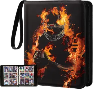 for 9 Pocket Trading Card Binder for 900 Cards - Large Capacity Card Collection Album Folder Double Sided Pocket with Zipper Flame Rugby Football for Boys Teens for Sports Cards Game Cards