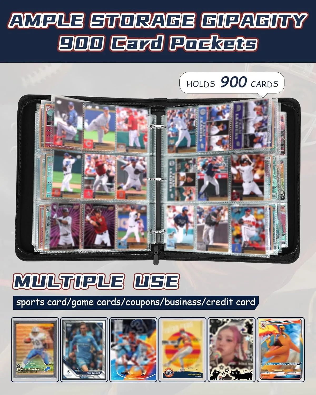 for 9 Pocket Trading Card Binder for 900 Cards - Large Capacity Card Collection Album Folder Double Sided Pocket with Zipper Flame Rugby Football for Boys Teens for Sports Cards Game Cards