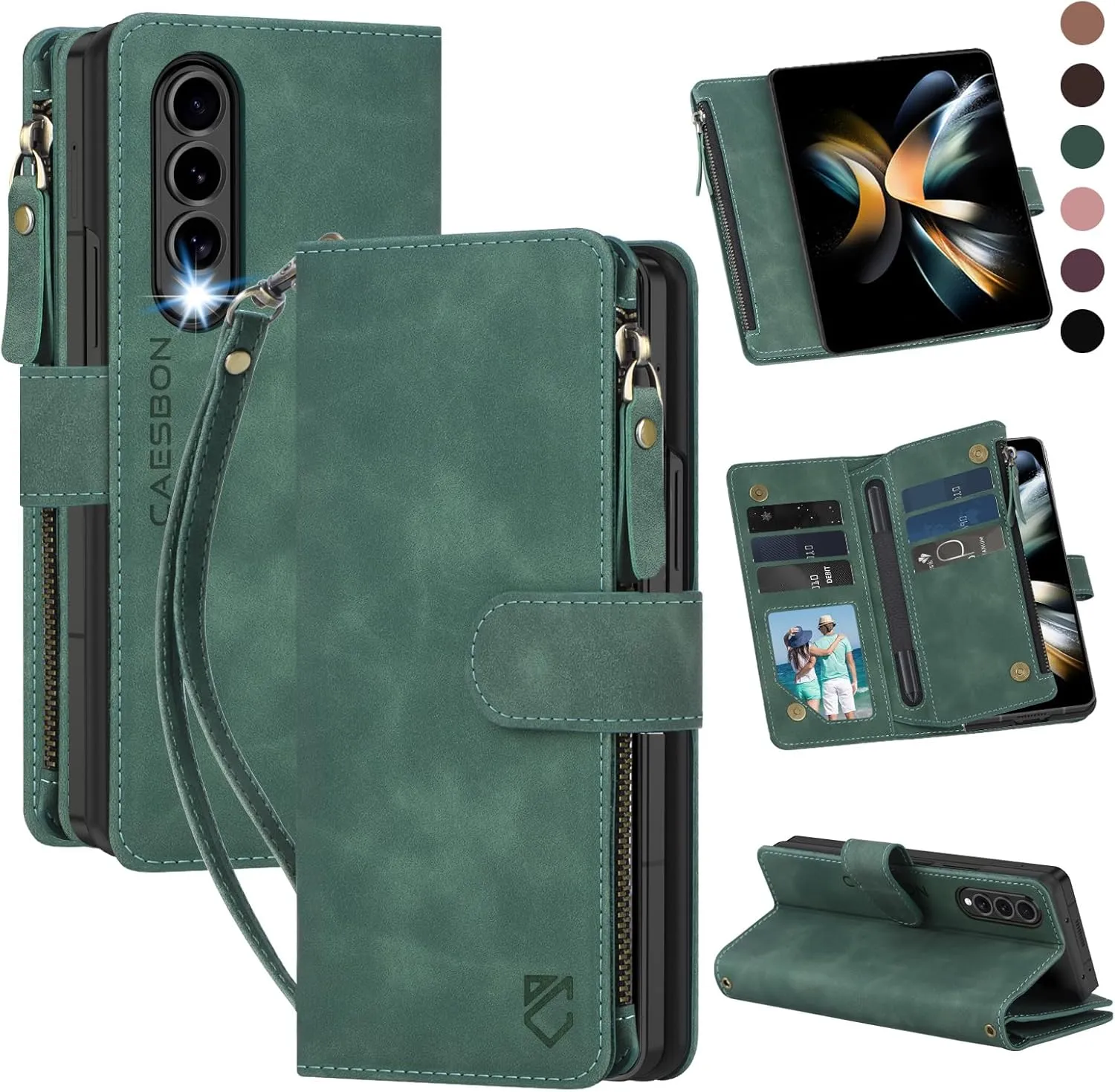 for Samsung Galaxy-Z-Fold-4 Wallet Case: with RFID Blocking Card Slots (6 Cards) & Hidden S Pen Holder | Soft PU Leather Magnetic Snap Zipper Wrist Strap Protective Phone Cover - Green