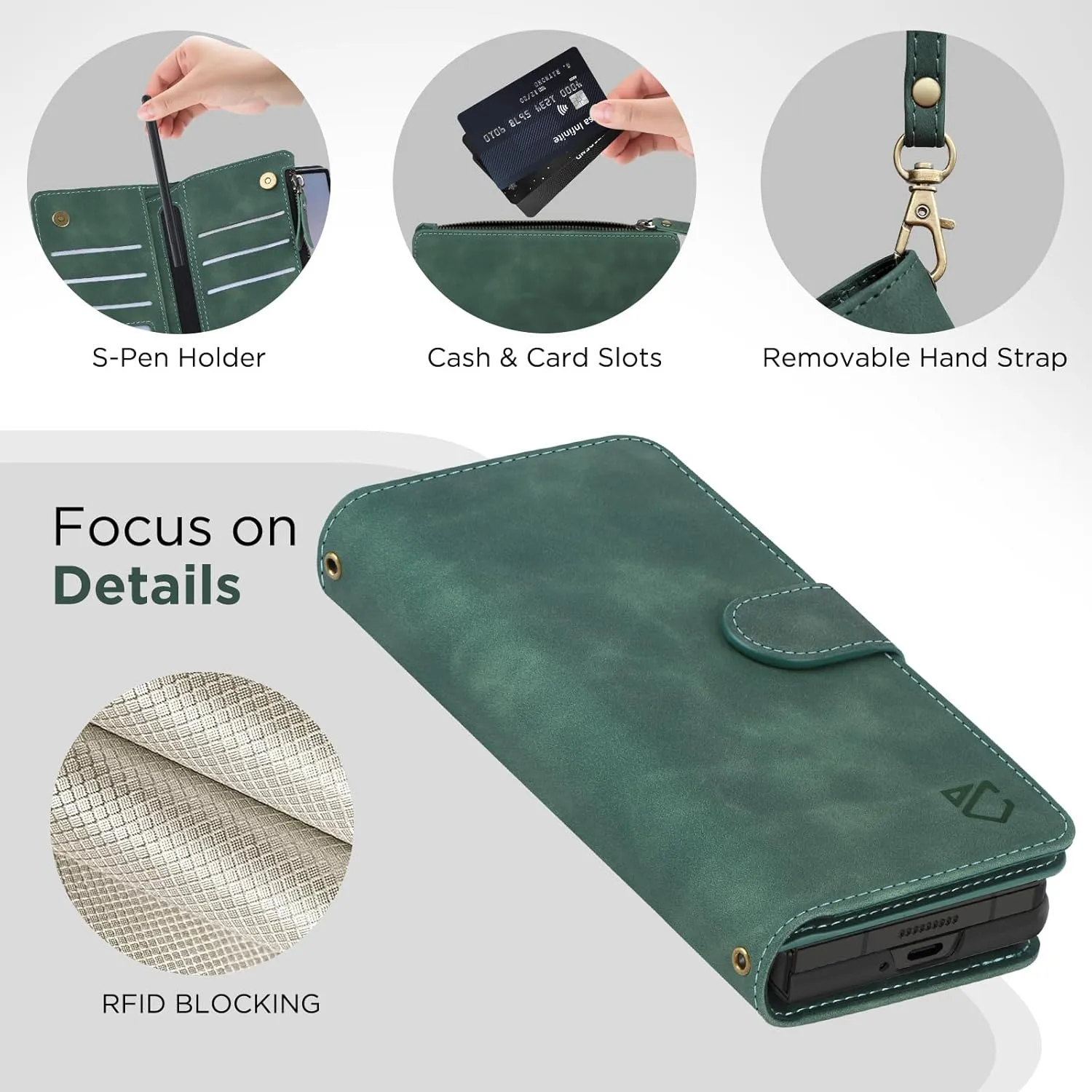 for Samsung Galaxy-Z-Fold-4 Wallet Case: with RFID Blocking Card Slots (6 Cards) & Hidden S Pen Holder | Soft PU Leather Magnetic Snap Zipper Wrist Strap Protective Phone Cover - Green