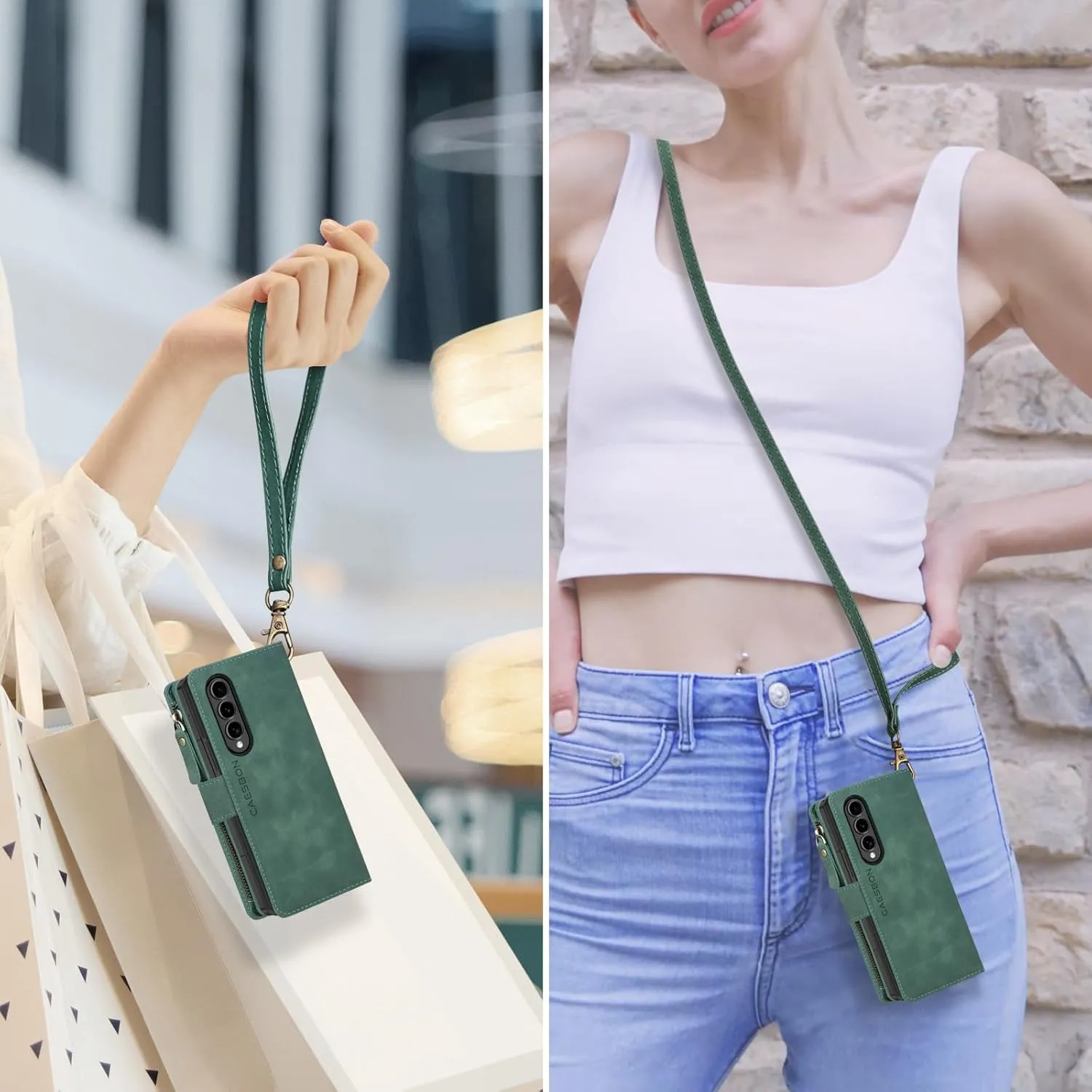 for Samsung Galaxy-Z-Fold-4 Wallet Case: with RFID Blocking Card Slots (6 Cards) & Hidden S Pen Holder | Soft PU Leather Magnetic Snap Zipper Wrist Strap Protective Phone Cover - Green