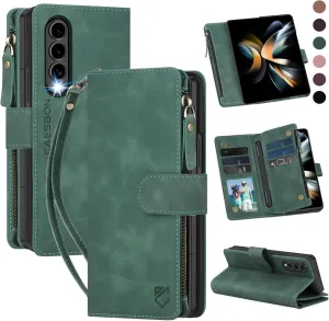 for Samsung Galaxy-Z-Fold-4 Wallet Case: with RFID Blocking Card Slots (6 Cards) & Hidden S Pen Holder | Soft PU Leather Magnetic Snap Zipper Wrist Strap Protective Phone Cover - Green