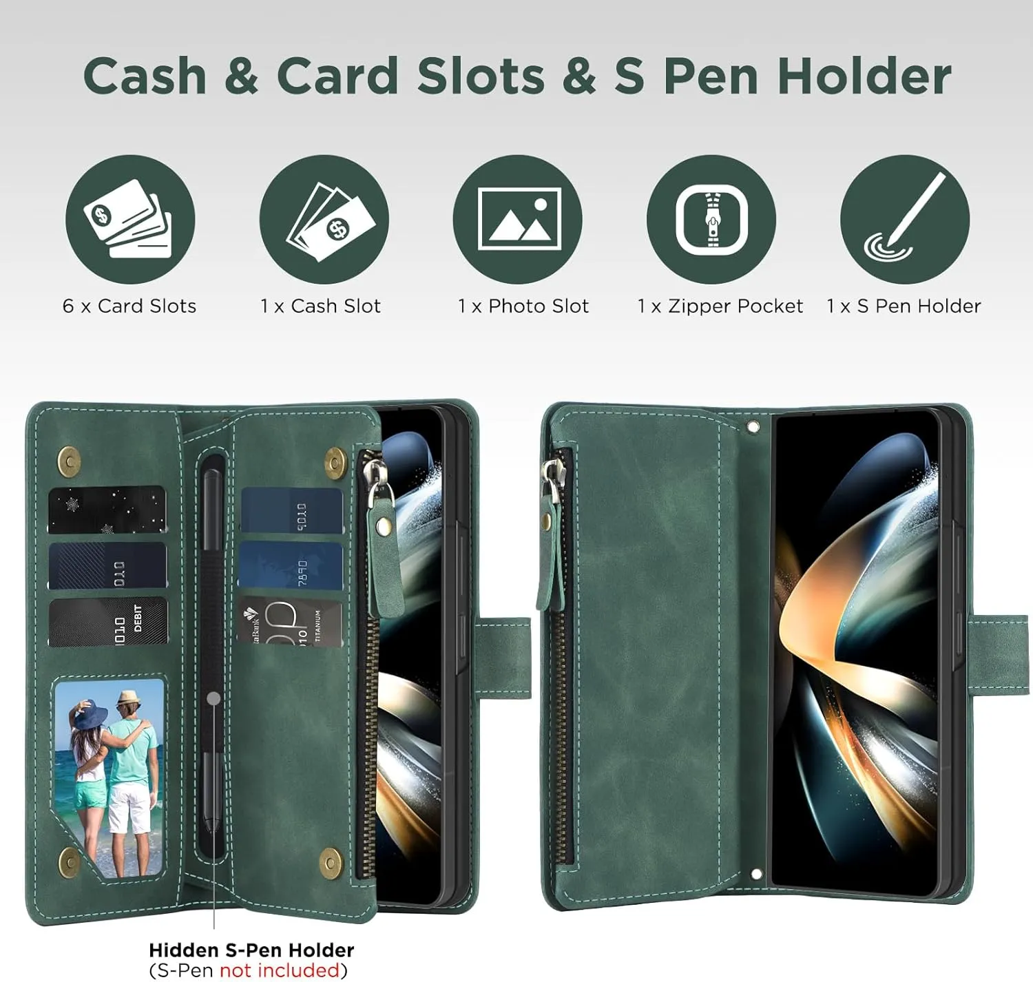 for Samsung Galaxy-Z-Fold-4 Wallet Case: with RFID Blocking Card Slots (6 Cards) & Hidden S Pen Holder | Soft PU Leather Magnetic Snap Zipper Wrist Strap Protective Phone Cover - Green