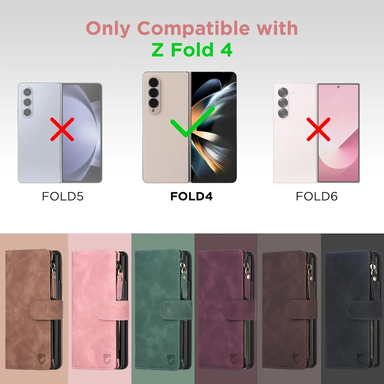 for Samsung Galaxy-Z-Fold-4 Wallet Case: with RFID Blocking Card Slots (6 Cards) & Hidden S Pen Holder | Soft PU Leather Magnetic Snap Zipper Wrist Strap Protective Phone Cover - Green