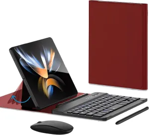 for Samsung Galaxy Z Fold 6 5 4 Keyboard and Mouse, Portable Mini Bluetooth Keyboard with Leather Case and Capacitive Pen, Wireless Keyboard Case for Z Fold 6 Accessories