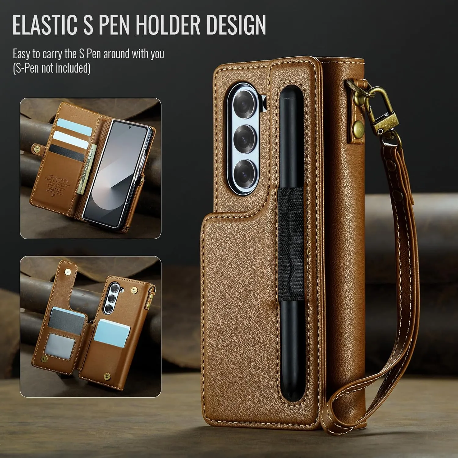 for Samsung Galaxy Z Fold 6 Wallet Case with 7 Credit Card Slots and S-Pen Slot,RFID Blocking,Classic Leather Magnetic Clasp Kickstand Cover.Brown