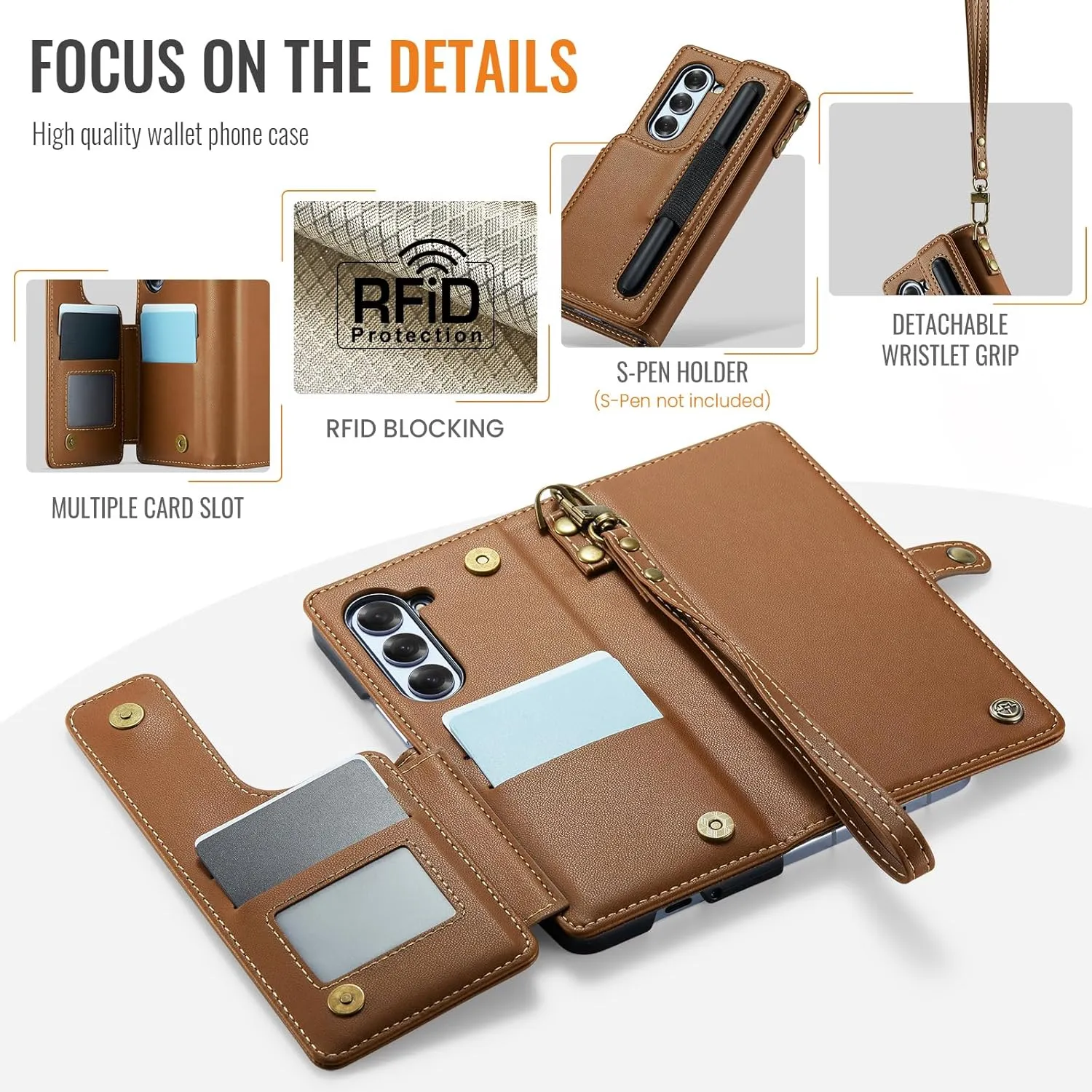 for Samsung Galaxy Z Fold 6 Wallet Case with 7 Credit Card Slots and S-Pen Slot,RFID Blocking,Classic Leather Magnetic Clasp Kickstand Cover.Brown