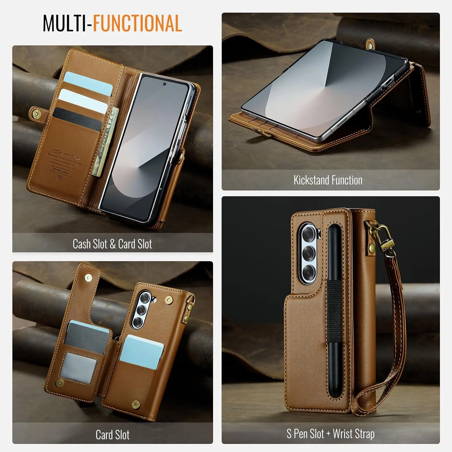 for Samsung Galaxy Z Fold 6 Wallet Case with 7 Credit Card Slots and S-Pen Slot,RFID Blocking,Classic Leather Magnetic Clasp Kickstand Cover.Brown