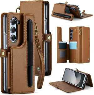 for Samsung Galaxy Z Fold 6 Wallet Case with 7 Credit Card Slots and S-Pen Slot,RFID Blocking,Classic Leather Magnetic Clasp Kickstand Cover.Brown