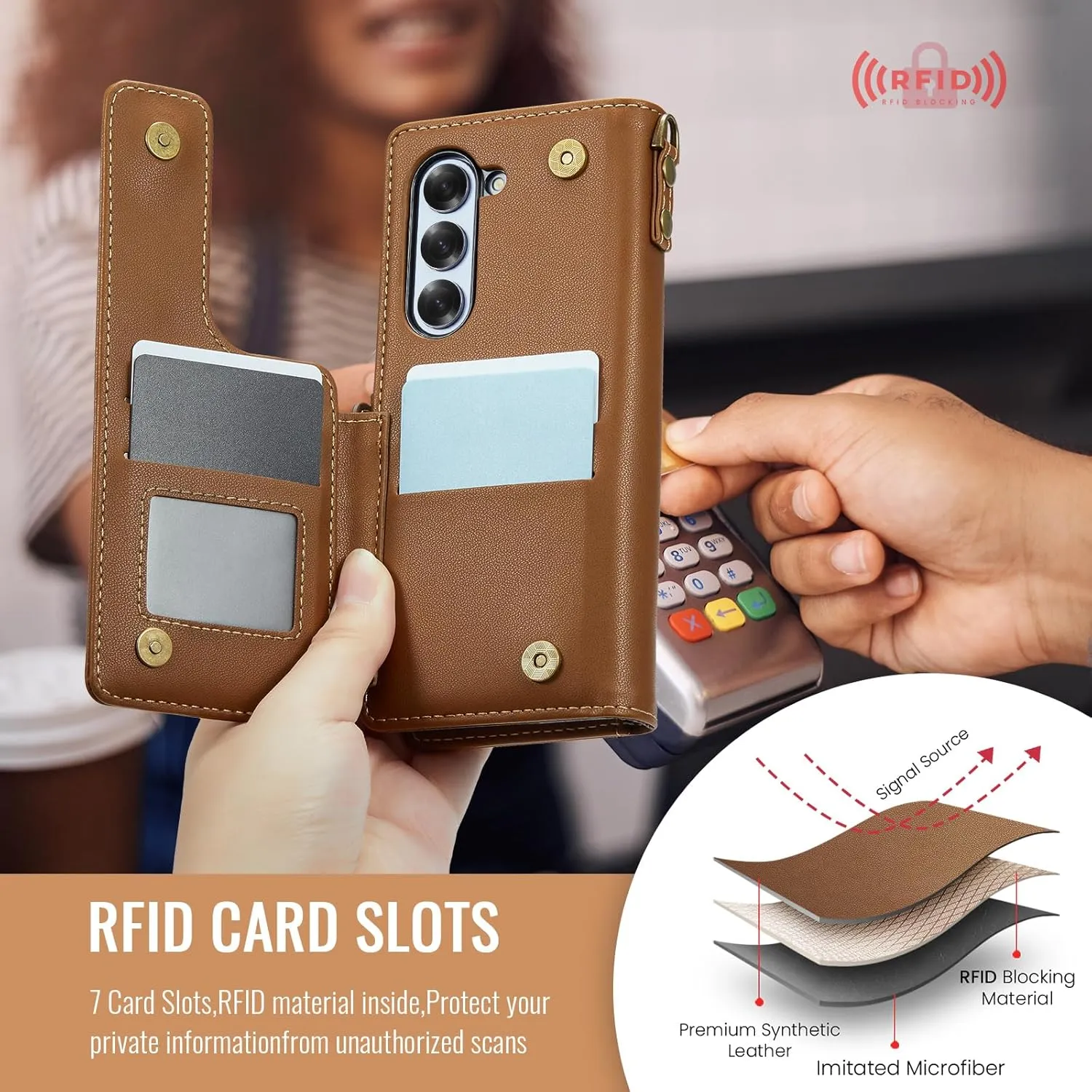 for Samsung Galaxy Z Fold 6 Wallet Case with 7 Credit Card Slots and S-Pen Slot,RFID Blocking,Classic Leather Magnetic Clasp Kickstand Cover.Brown
