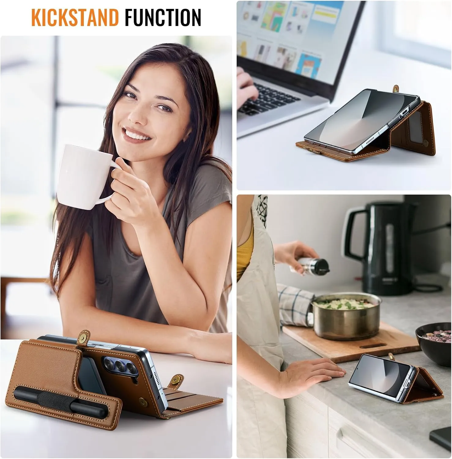 for Samsung Galaxy Z Fold 6 Wallet Case with 7 Credit Card Slots and S-Pen Slot,RFID Blocking,Classic Leather Magnetic Clasp Kickstand Cover.Brown