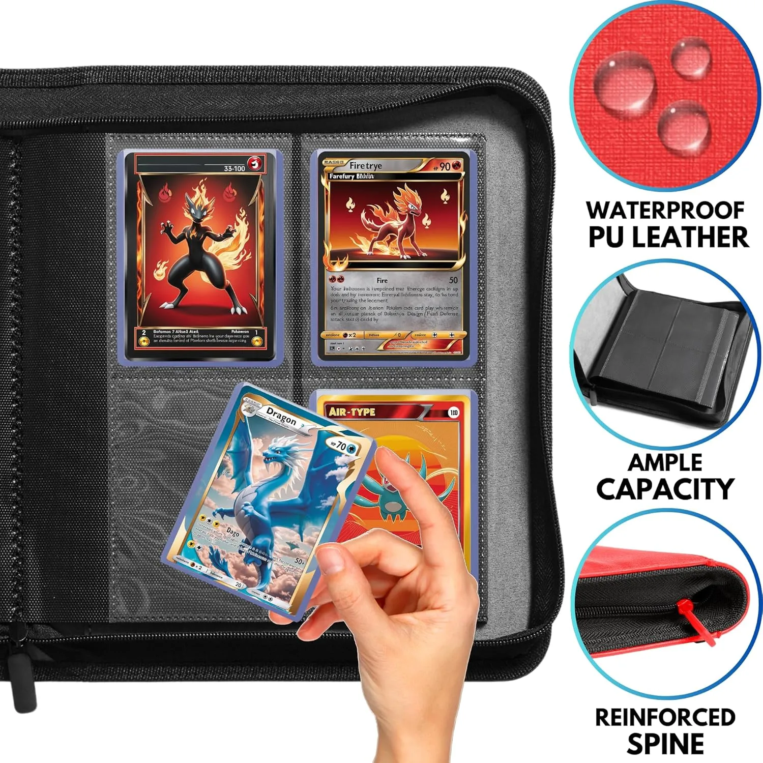 FORZAROCKET 4 Pocket Toploader Binder, Holds 112 Top Loaders, 8 INCLUDED, Waterproof PU Leather, Archival Safe Pockets, Compatible with Sports, Trading Cards in 3"x4" Toploaders (Lava Red)