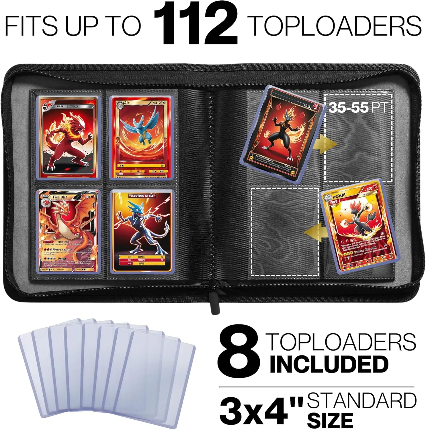 FORZAROCKET 4 Pocket Toploader Binder, Holds 112 Top Loaders, 8 INCLUDED, Waterproof PU Leather, Archival Safe Pockets, Compatible with Sports, Trading Cards in 3"x4" Toploaders (Lava Red)